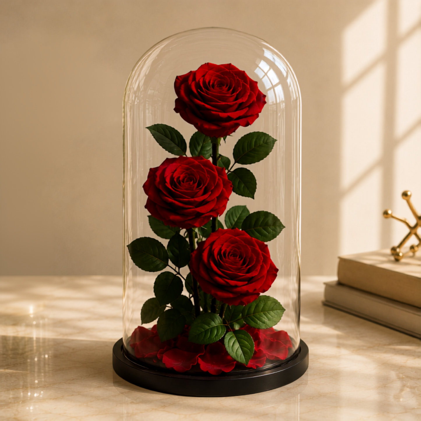 Three red roses in a glass dome, forever rose, preserved red rose, rose in a glass dome, delivery Dubai.