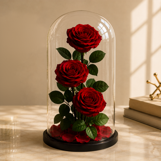 Three red roses in a glass dome, forever rose, preserved red rose, rose in a glass dome, delivery Dubai.