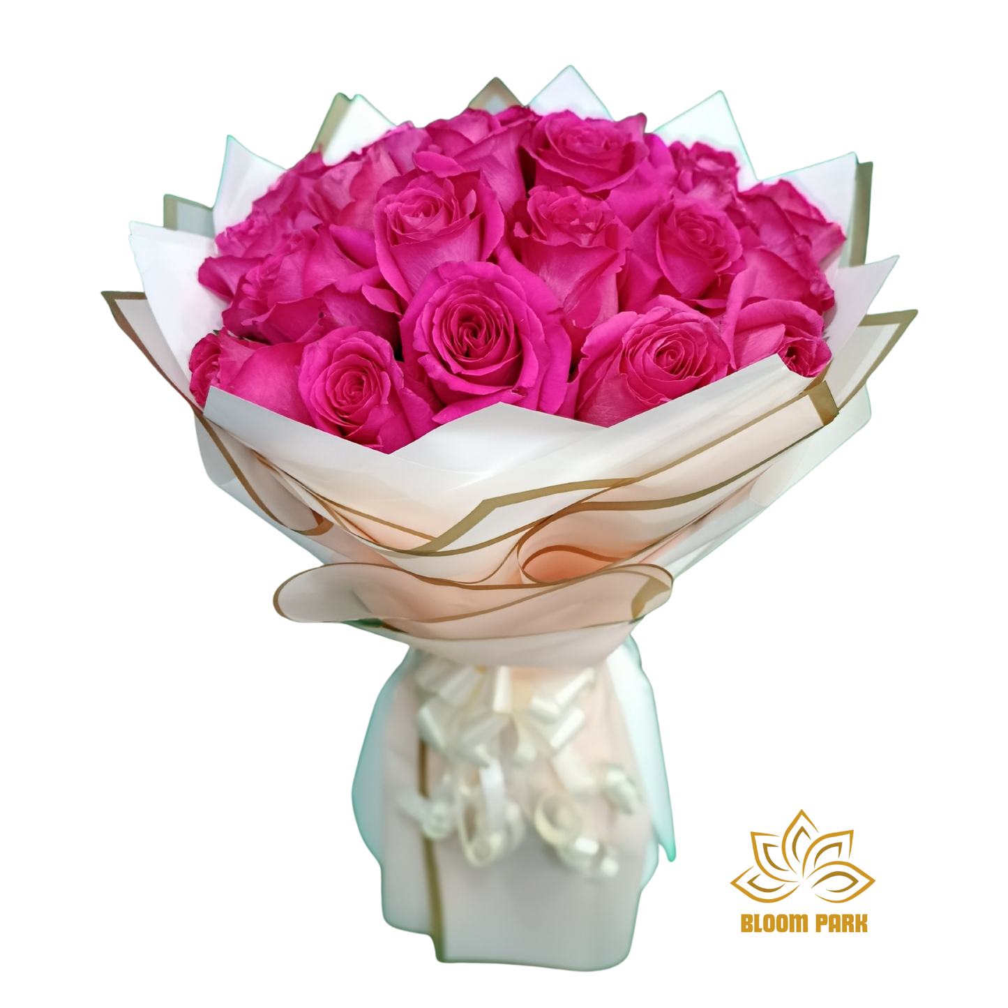 Bouquet of pink roses wrapped in white paper with gold accents, fresh flowers delivery Dubai.