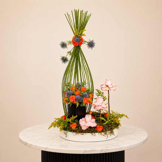 Elegant contemporary floral arrangement with peach and orange roses, blue eryngium, steel grass, and greenery in a modern black vase. online flowers delivery Dubai.