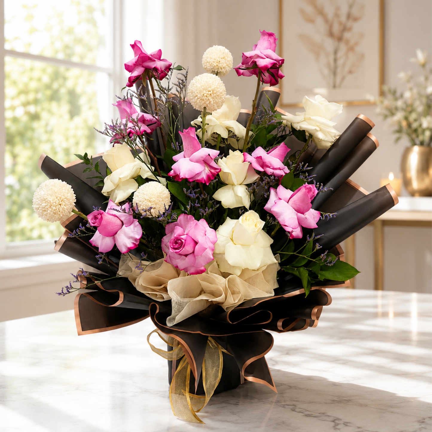 Elegant pink and white rose bouquet in black wrapping with rose-gold trim and gold ribbon. Same Day Delivery - Dubai, flowers online, flowers delivery Dubai, Online flowers.