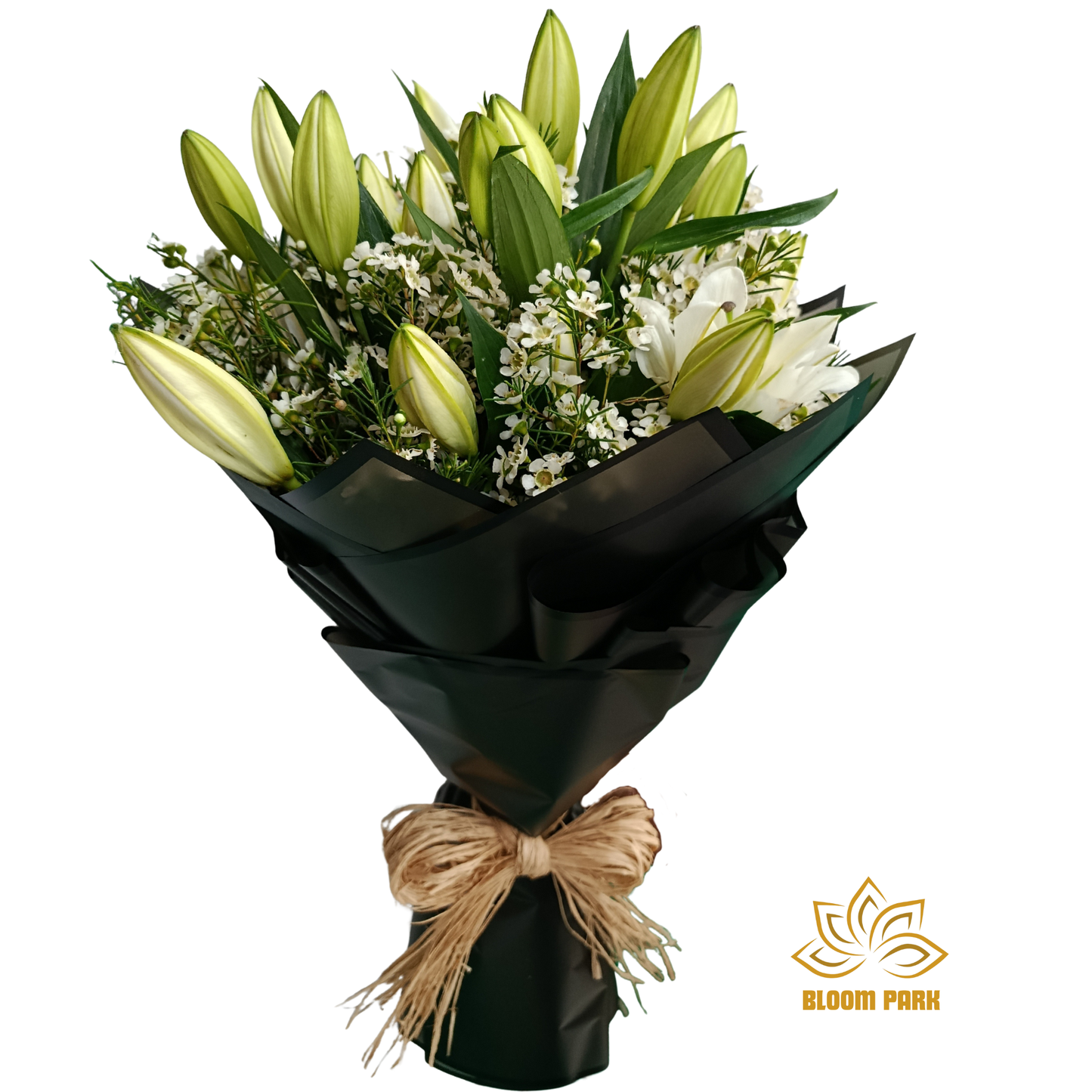 Bouquet of flowers wrapped in black paper with a bow, featuring green and white flowers, fresh lilies delivery UAE