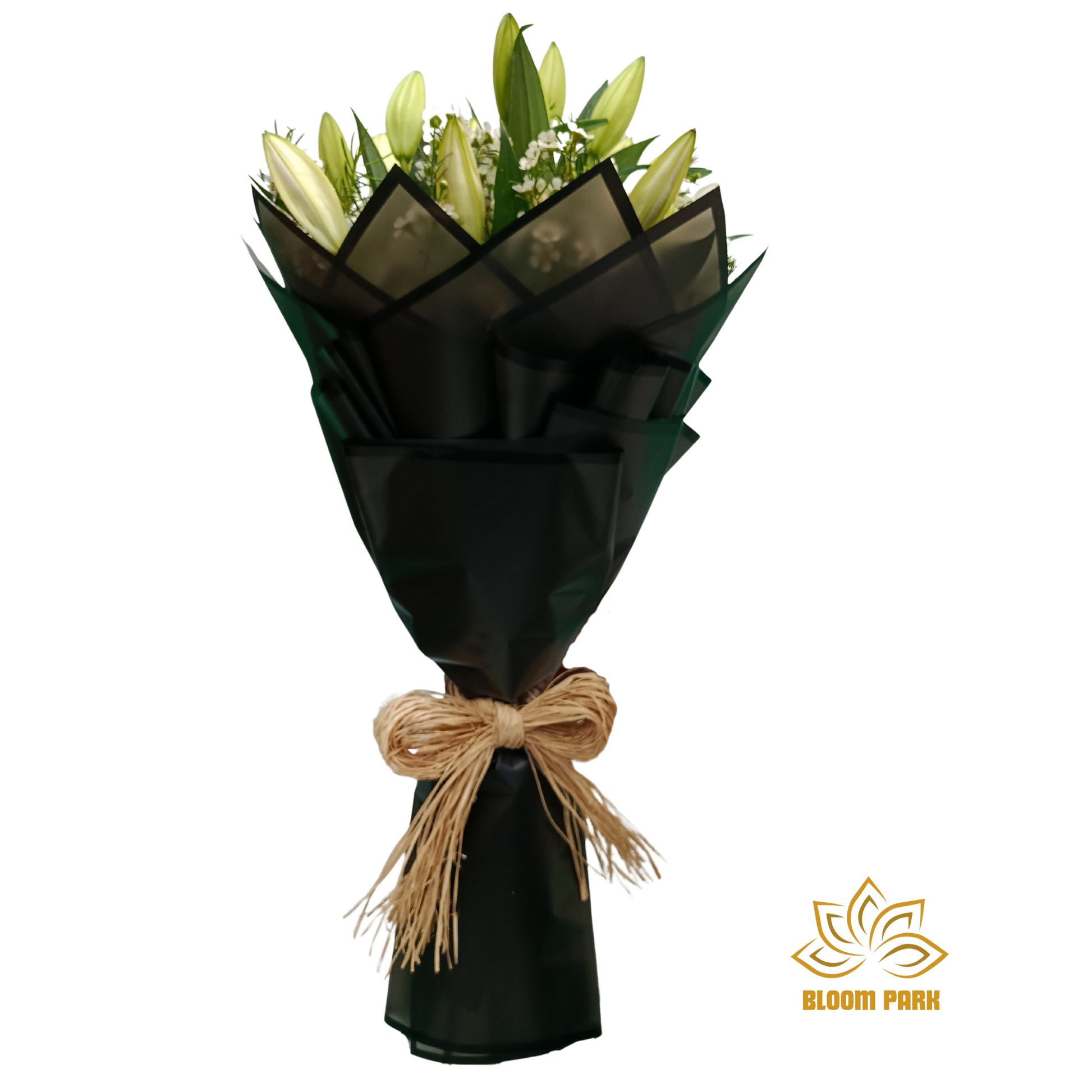 Bouquet of flowers wrapped in black paper with a brown ribbon.