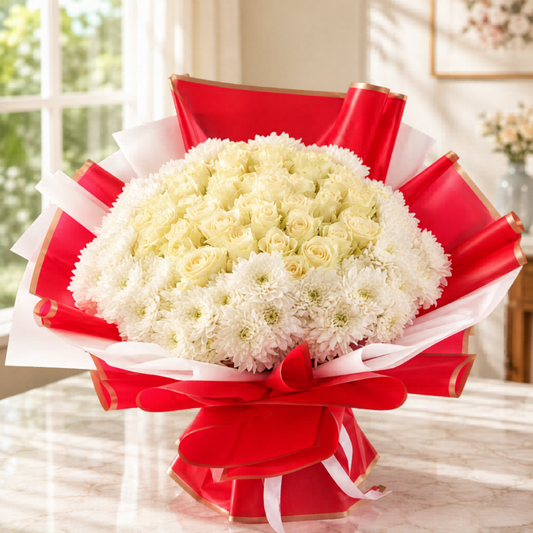 Bouquet of white flowers wrapped in red paper with gold accents, flowers Dubai, delivery Dubai