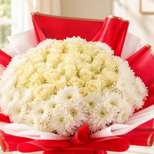 Elegant white rose bouquet wrapped in bold red paper with white accent paper.