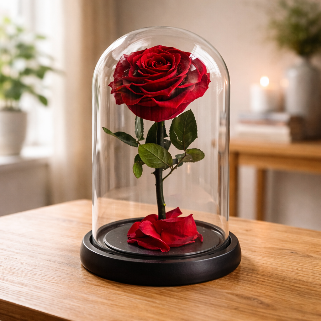 A preserved red rose displayed under a clear glass dome with a black base and red petals 