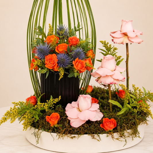 Elegant contemporary floral arrangement with peach and orange roses, blue eryngium, steel grass, and greenery in a modern black vase. online flowers delivery Dubai.