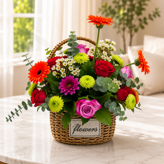 A vibrant flower basket arrangement The woven basket contains a colorful mix of gerbera daisies, roses, chrysanthemums, and eucalyptus stems. delivery Deira, JVC, Jumeira, DIB, al rigga
