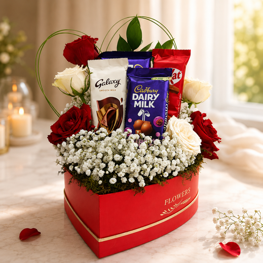 Floral arrangement in a red box with Cadbury Dairy Milk chocolate and Galaxy chocolate bars, gifts for birthday