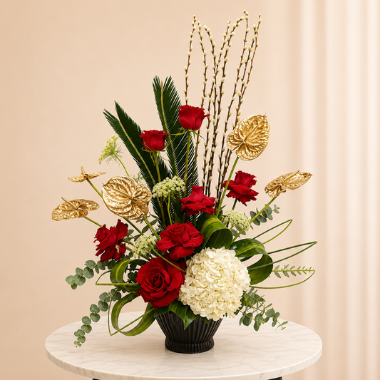 A decorative floral arrangement in a black ribbed vase, featuring red roses, a large white hydrangea, green foliage, and metallic gold accents, online flowers delivery UAE, flower online.