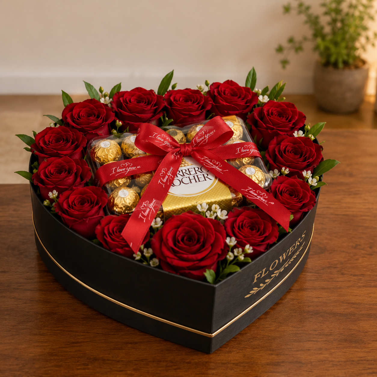 Heart-shaped box of red roses with Ferrero Rocher chocolates delivery Dubai