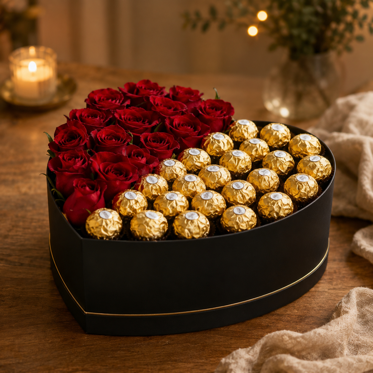 Heart-shaped box filled with red roses and gold Ferrero Rocher chocolates, gift box delivery Dubai, flower gift, online gifts Dubai.