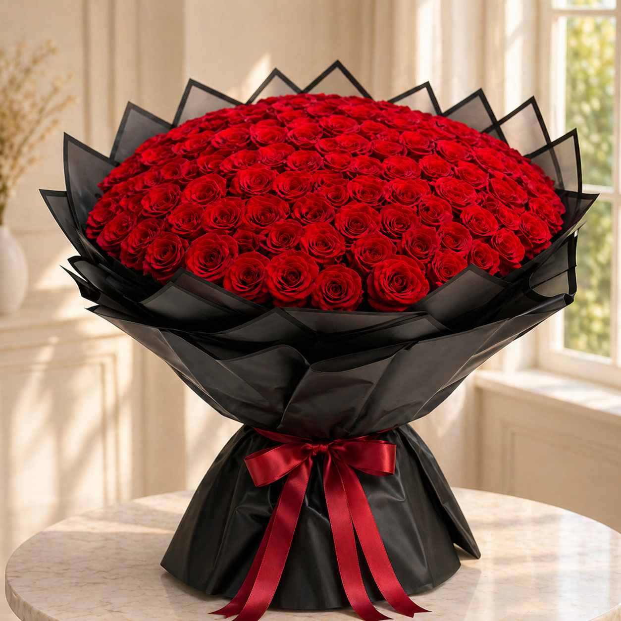 Luxurious 100 red rose bouquet in black wrapping with a red ribbon, arranged in a dramatic dome style same day delivery Dubai flower bouquet delivery.