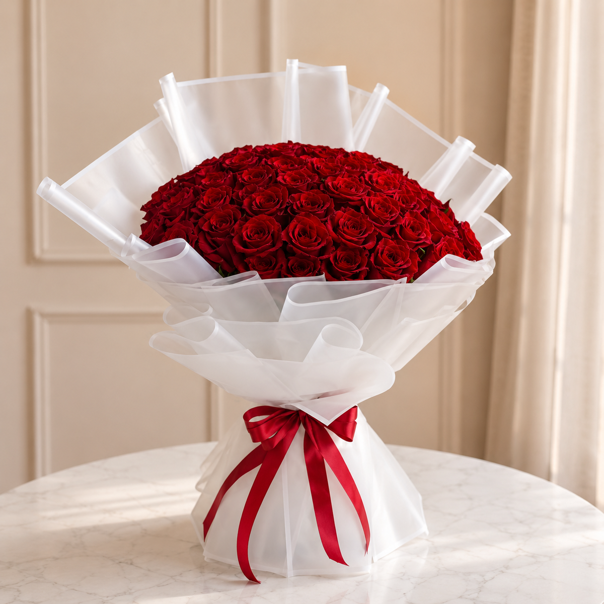 A large bouquet of deep red roses wrapped in white paper and a white cellophane sleeve tied with a red ribbon, red rose bouquet online flowers delivery Dubai.