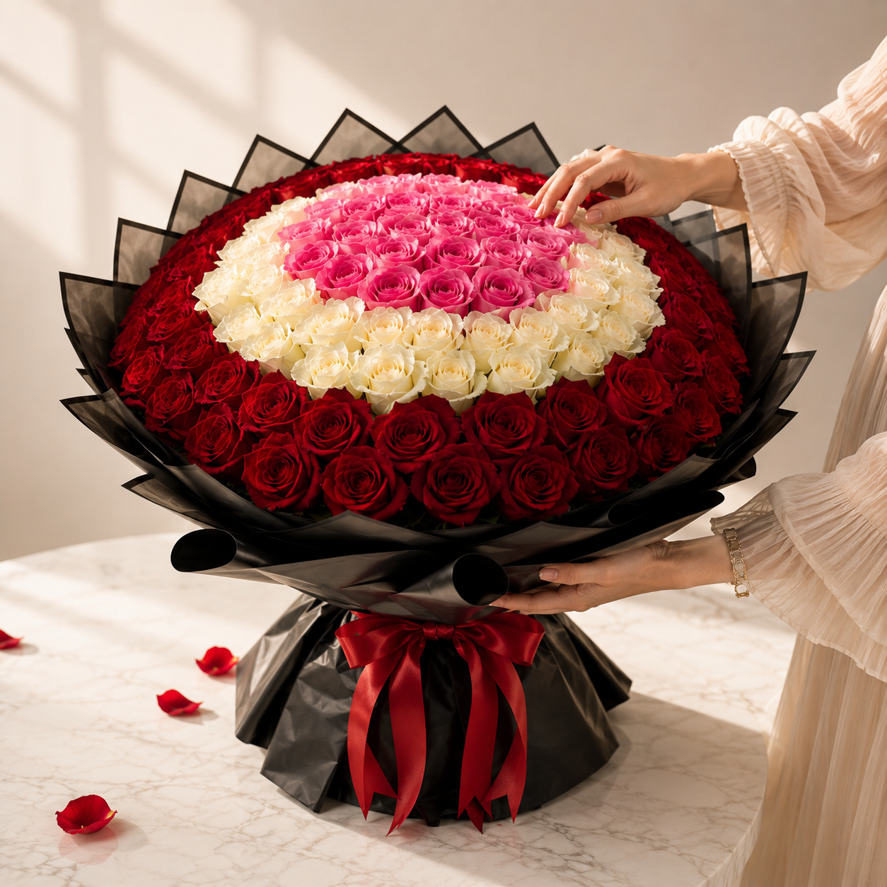 A rose bouquet made of red, pink, and white roses, wrapped in black paper with a red ribbon, fresh flowers delivery UAE, online flowers, 100 roses bouquet.