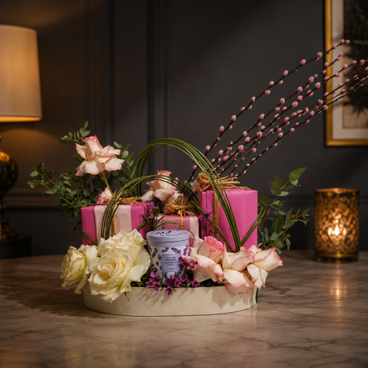 Decorative floral arrangement with pink and white flowers on a oval tray, featuring a purple candle and gift box.