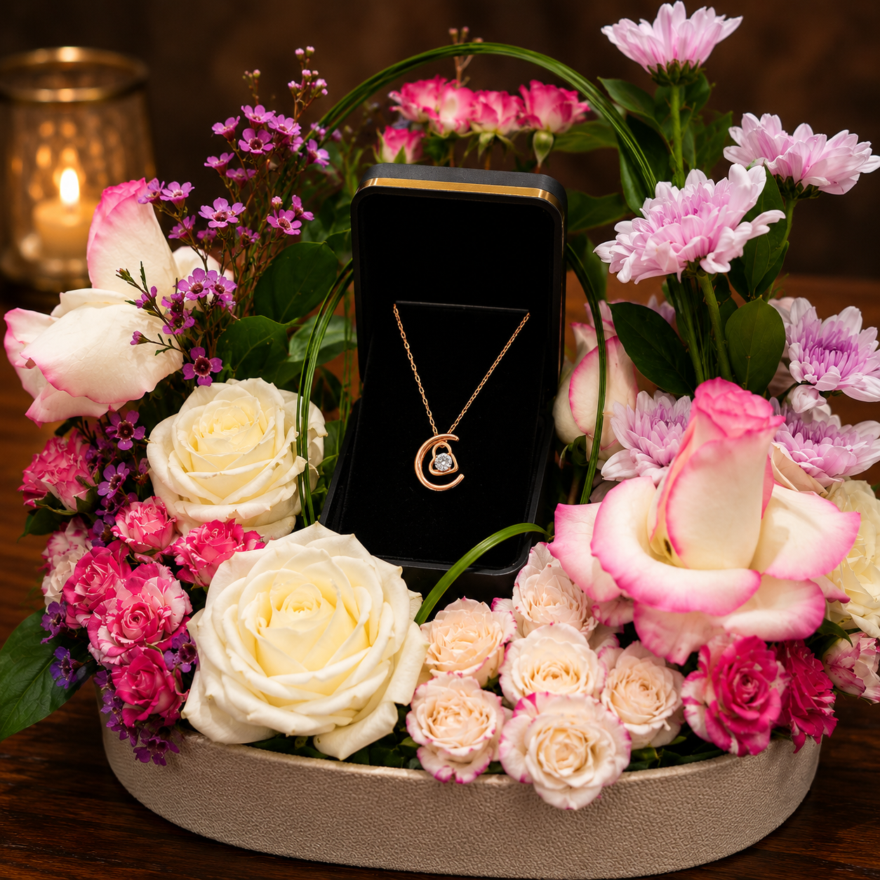 Luxury floral tray with fresh pink and white flowers delivery Dubai