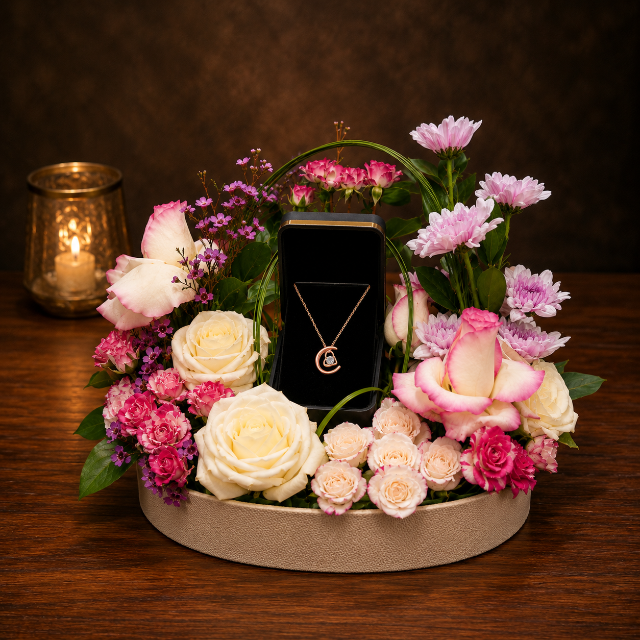 Luxury floral tray with fresh pink and white flowers and a rose gold necklace in a premium gift box.