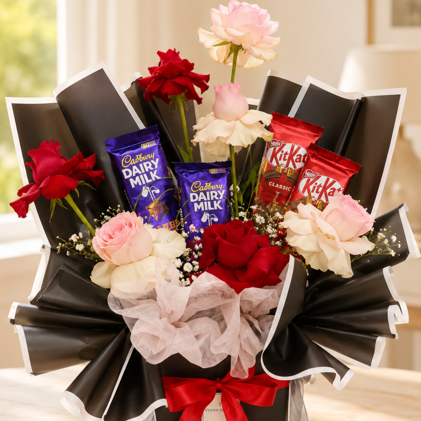 Luxury rose and chocolate bouquet with red and blush roses, Cadbury Dairy Milk bars, KitKat bars, and black wrapping. delivery Dubai. flowers and chocolate arrangement.