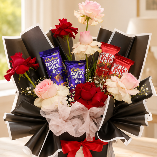 Luxury rose and chocolate bouquet with red and blush roses, Cadbury Dairy Milk bars, KitKat bars, and black wrapping. delivery Dubai. flowers and chocolate arrangement.