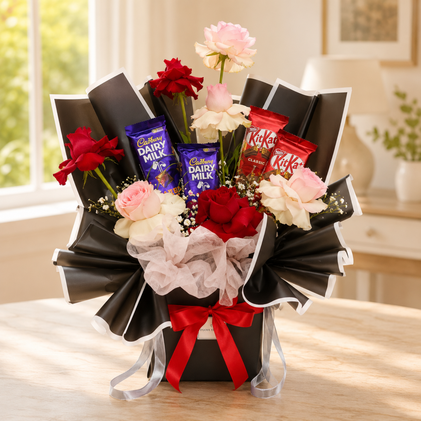 Luxury rose and chocolate bouquet with red and blush roses, Cadbury Dairy Milk bars, KitKat bars, and black wrapping.