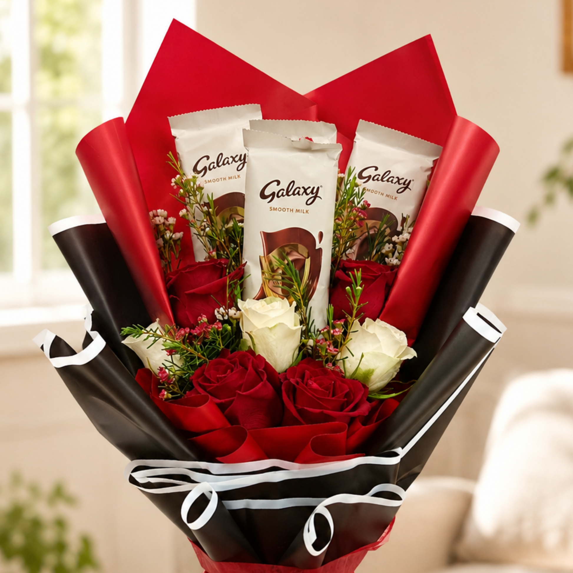 Luxury rose and chocolate bouquet with red roses, white roses, Galaxy chocolate bars, and bold black and red wrapping. flower bouquet, chocolate bouquet.