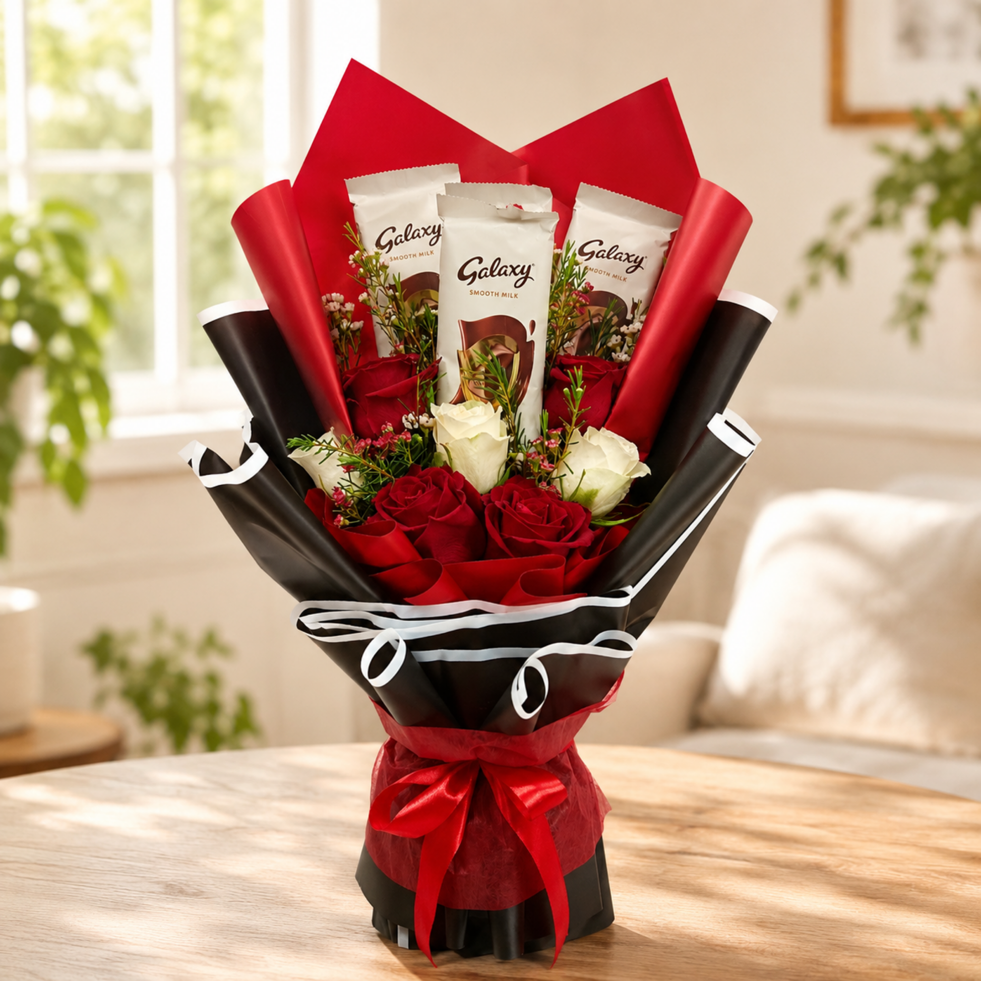 Luxury rose and chocolate bouquet with red roses, white roses, Galaxy chocolate bars, and bold black and red wrapping