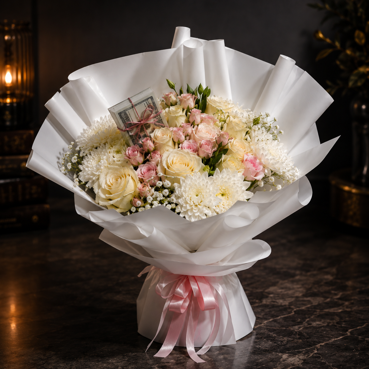 Bouquet of flowers wrapped in white paper with a pink ribbon, online flowers delivery Dubai.