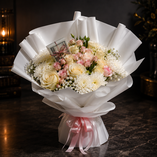 Bouquet of flowers wrapped in white paper with a pink ribbon, online flowers delivery Dubai.
