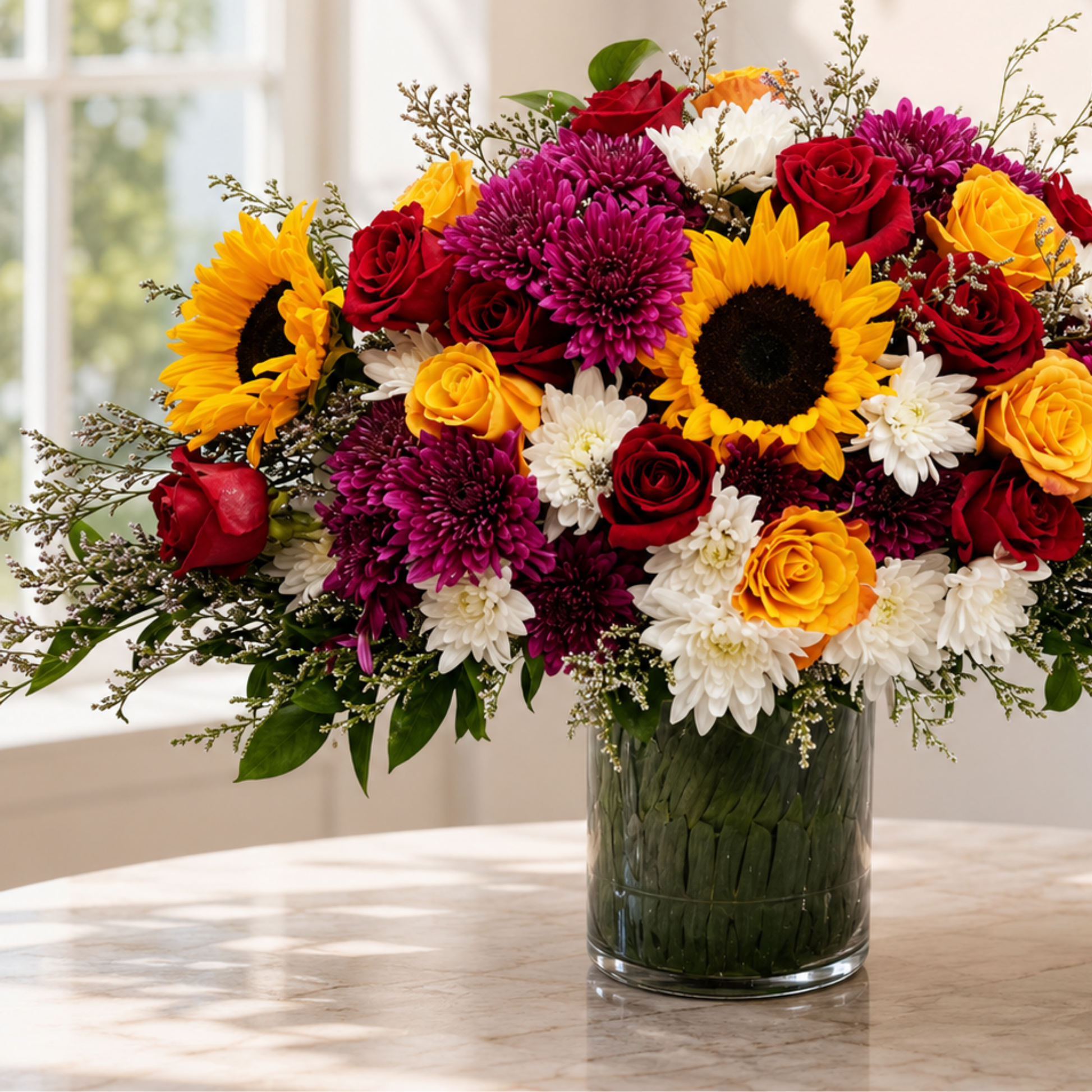 sunflowers, roses, and daisies in a clear vase.