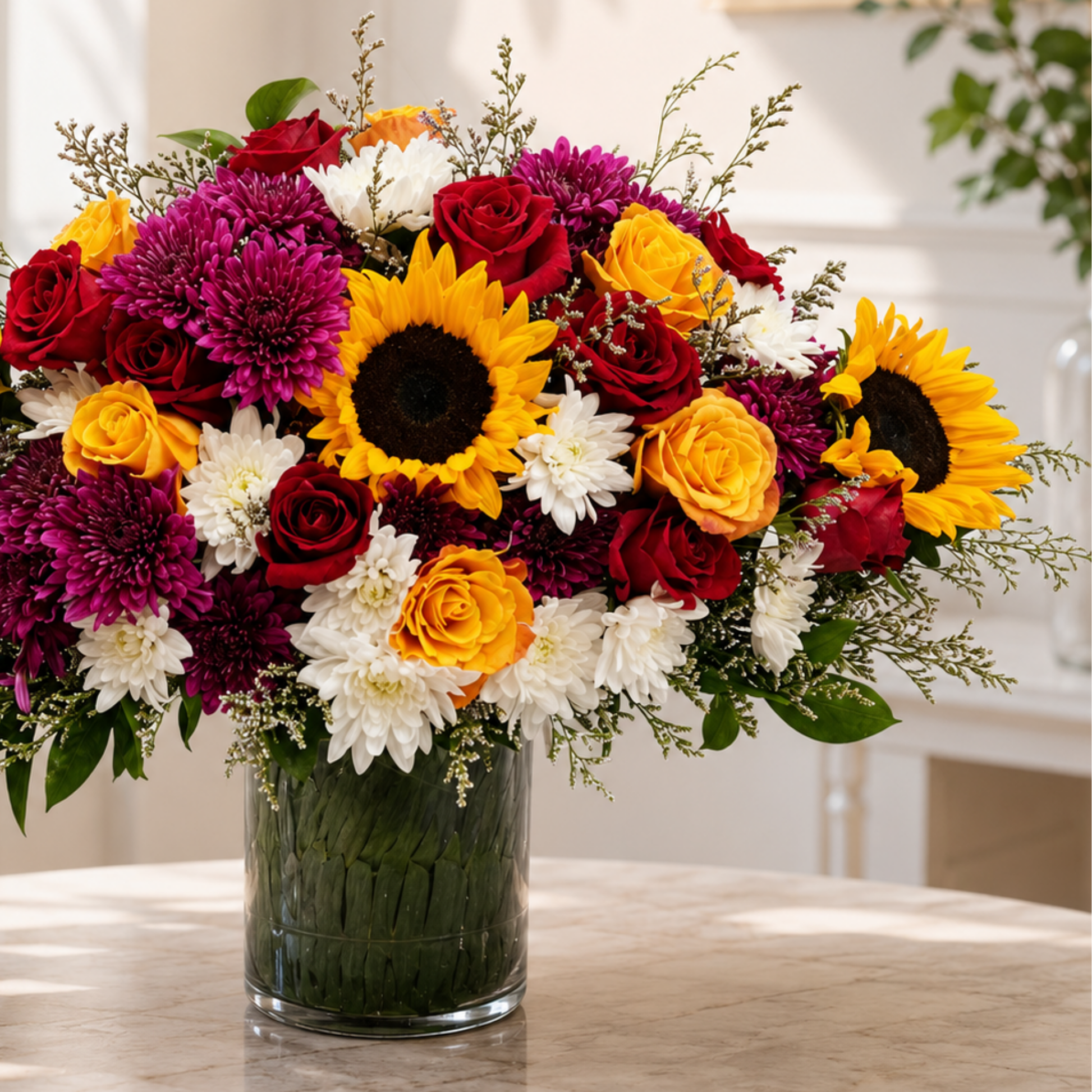 sunflowers, roses, and daisies in a clear vase same day delivery Dubai
