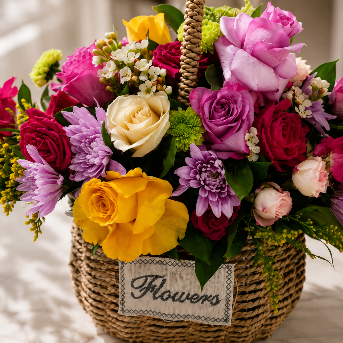 featuring pink and yellow roses, purple chrysanthemums, red chrysanthemums, and small white filler flowers. A fabric tag on the front of the basket reads 'Flowers'. fresh flowers, online flowers.