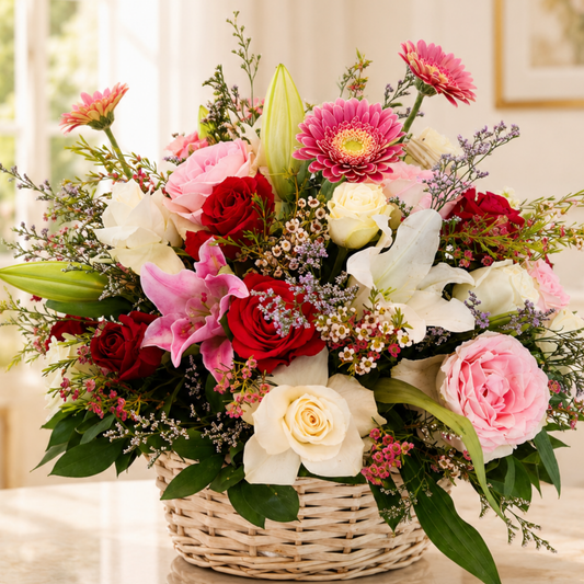 Bouquet of colorful flowers in a woven basket, flowers in basket