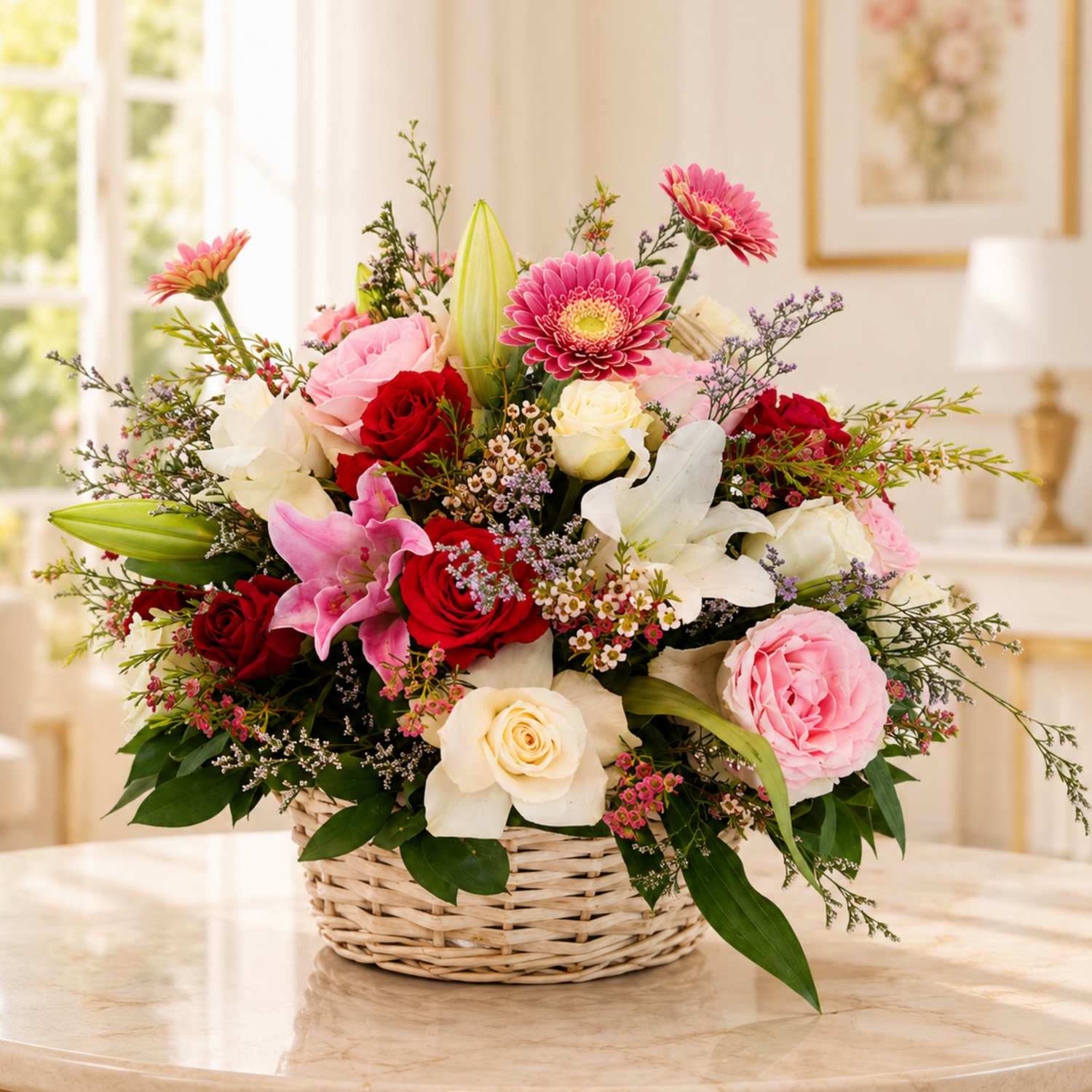 Bouquet of colorful flowers in a woven basket on a marble surface.