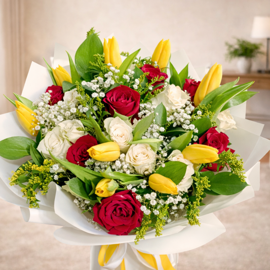 Bouquet of red roses, yellow tulips, and white flowers, fresh flowers, delivery all over UAE