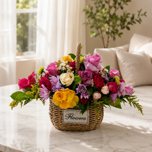 A woven basket filled with a colorful bouquet of flowers, including pink, yellow, red, and white blooms with green foliage.