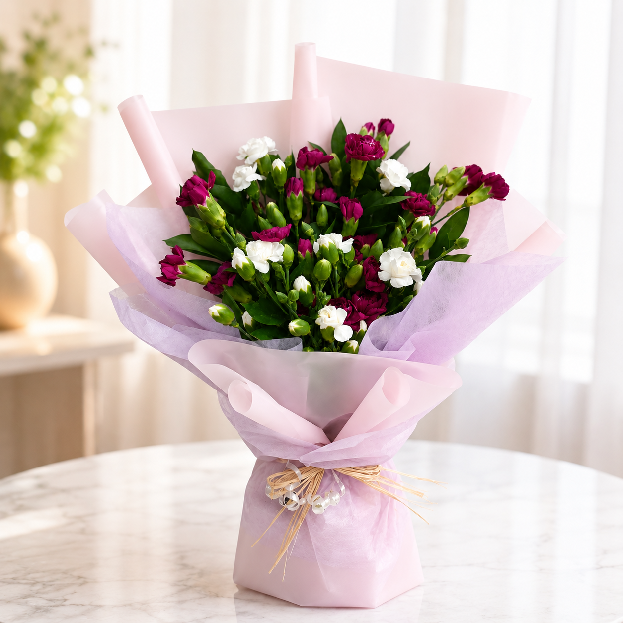 Bouquet of flowers wrapped in pink paper on a white surface, delivery Dubai.