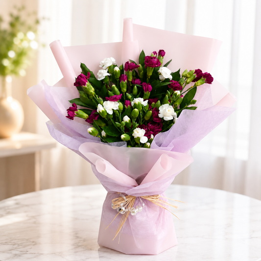 Bouquet of flowers wrapped in pink paper on a white surface, delivery Dubai.