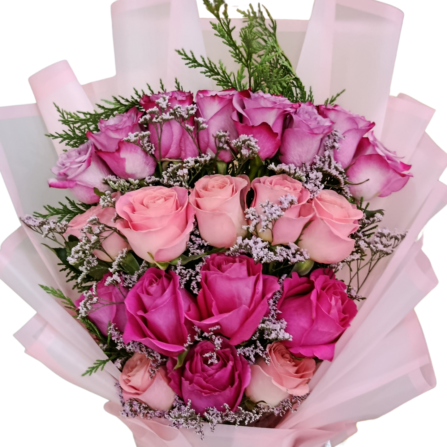 Bouquet of pink and purple roses with greenery, fresh flowers delivery Dubai