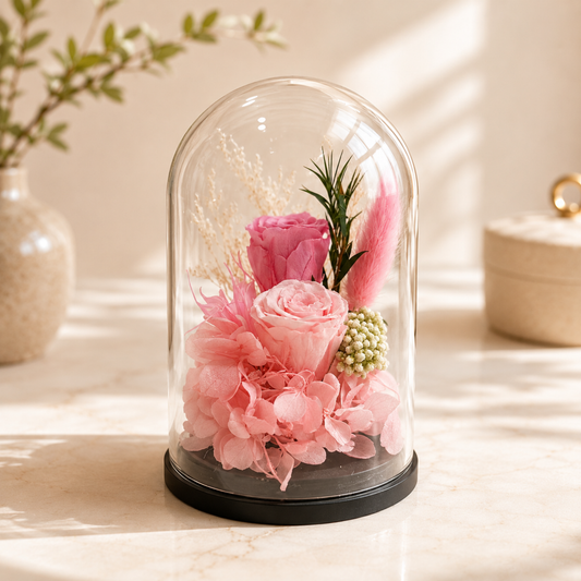 Pink flowers under a glass dome, preserved rose delivery Dubai.