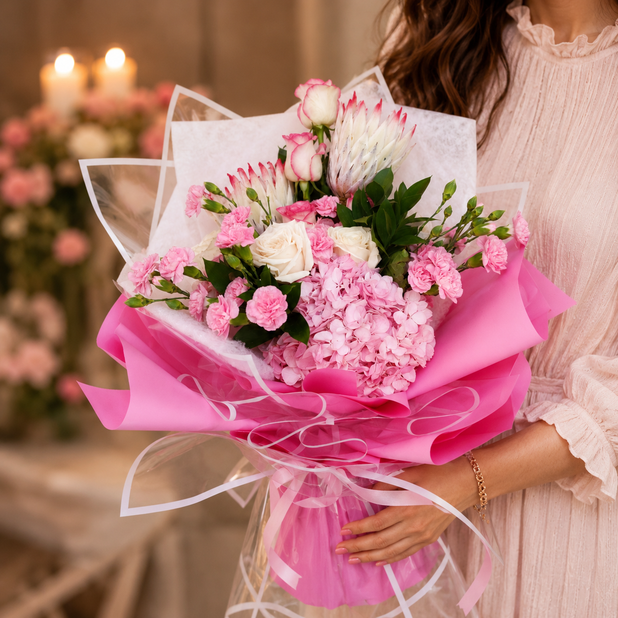 Pink hydrangea, white rose and king protea luxury bouquet wrapped in pink paper for gifting in Dubai, online flowers delivery Dubai.