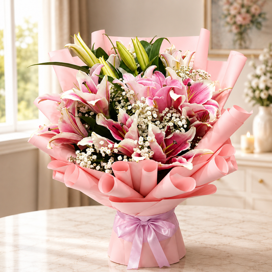 Bouquet of pink flowers with a pink wrap. delivery Dubai