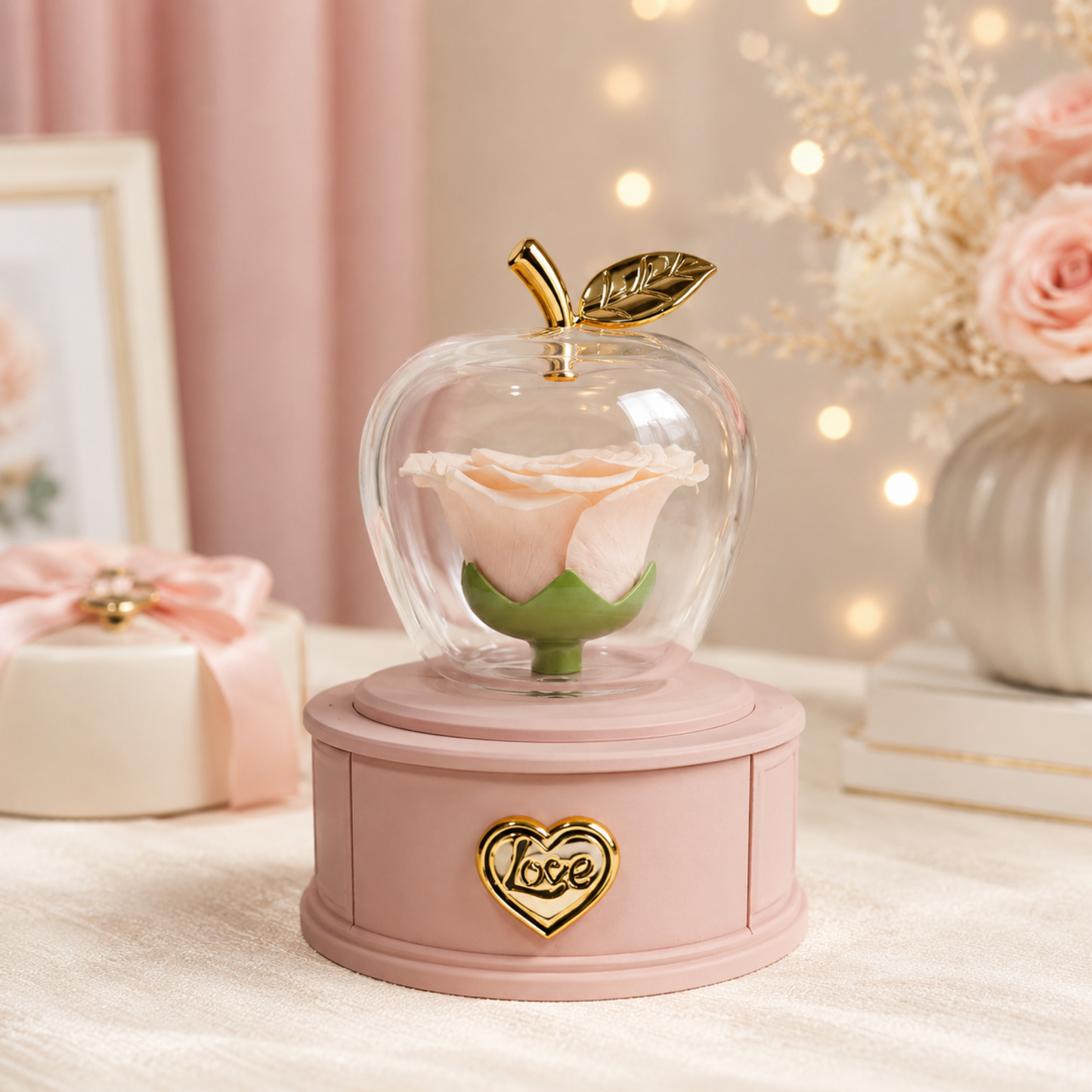 Decorative apple-shaped container with a rose inside, on a soft pink surface, forever flowers, delivery Dubai