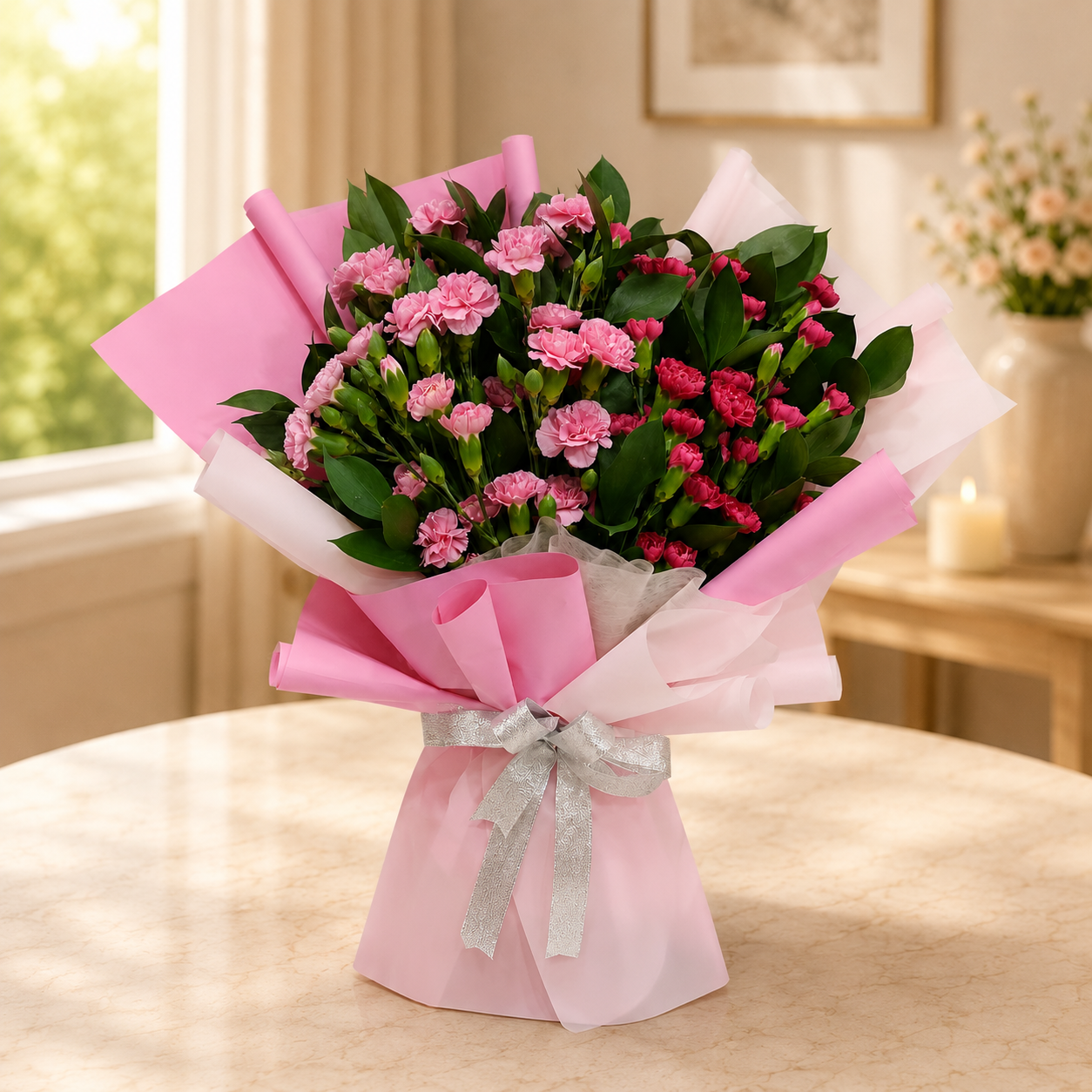 Bouquet of pink and green flowers wrapped in pink paper, online flowers delivery Dubai.