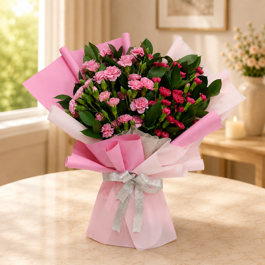 Bouquet of pink and green flowers wrapped in pink paper, online flowers delivery Dubai.