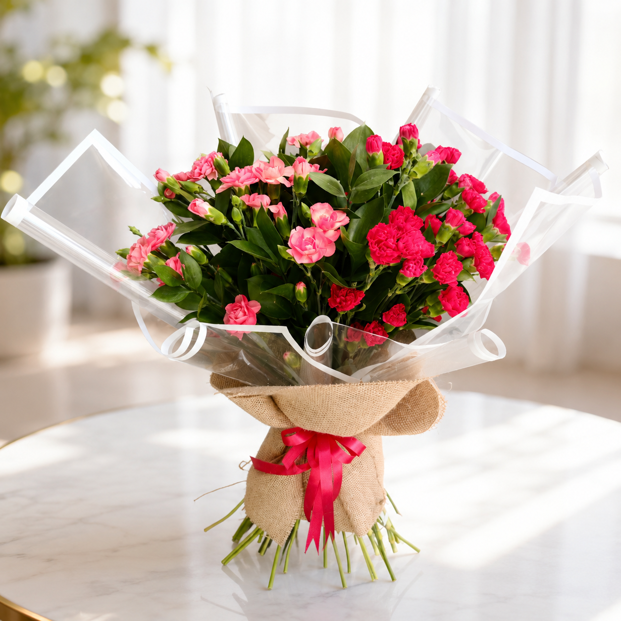Bouquet of pink and red flowers wrapped in brown paper with a red ribbon, delivery Dubai online flowers.