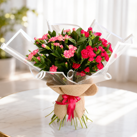 Bouquet of pink and red flowers wrapped in brown paper with a red ribbon, delivery Dubai online flowers.
