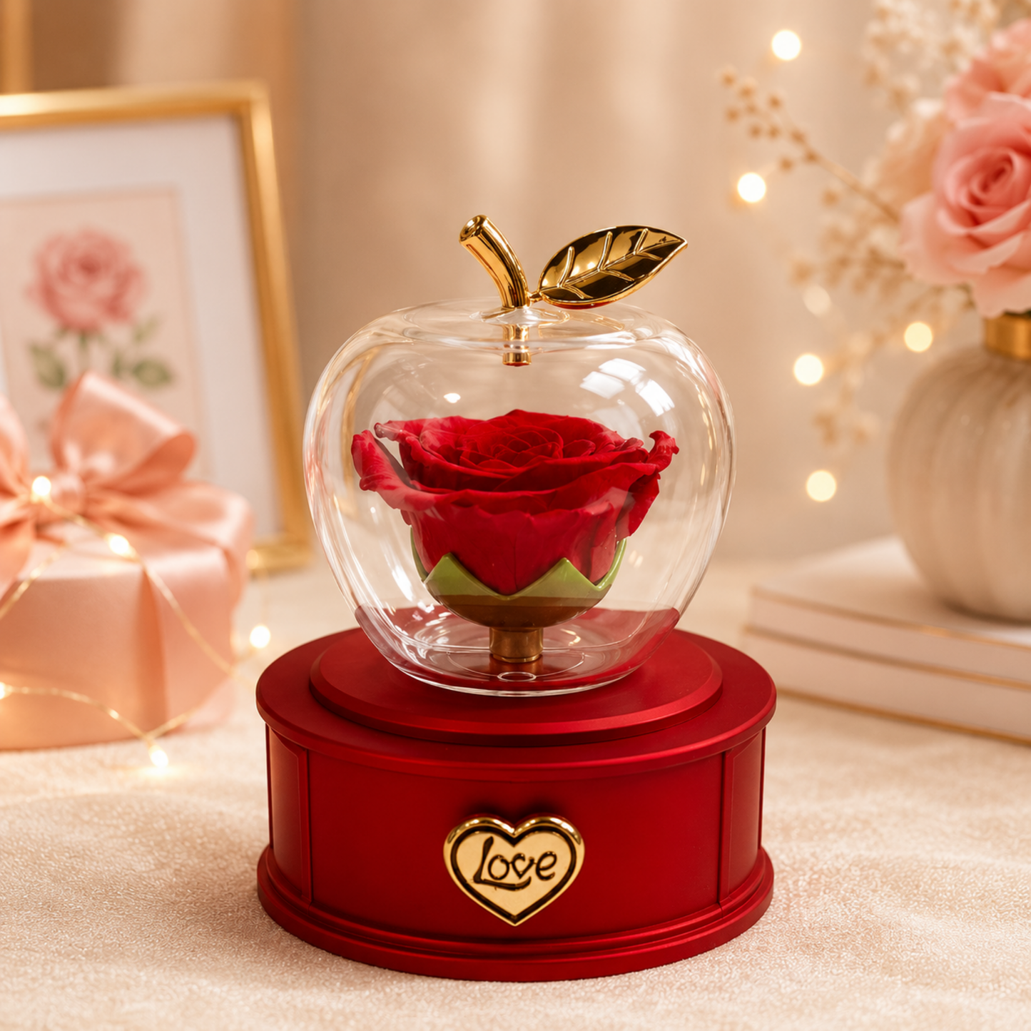 Red rose in a glass dome on a red base with 'Love' on a decorative, gifts delivery Dubai, forever flowers delivery Dubai.