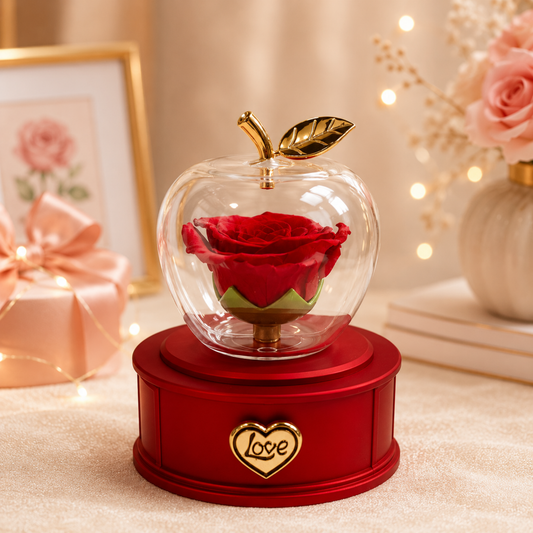 Red rose in a glass dome on a red base with 'Love' on a decorative, gifts delivery Dubai, forever flowers delivery Dubai.