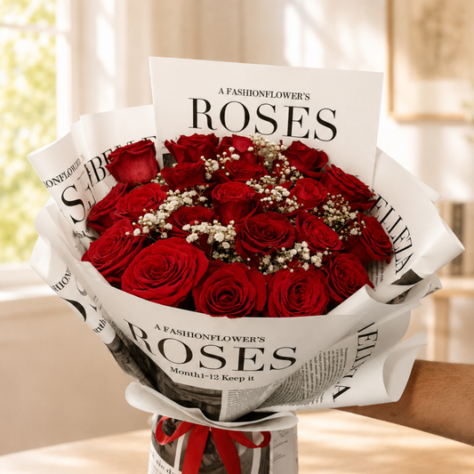 Bouquet of red roses wrapped in newspaper with 'A Fashion flower's Roses' text. Red Rose Buquet.